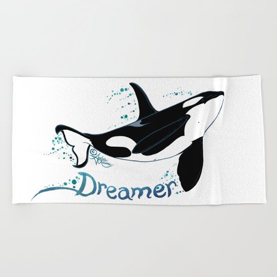 Dreamer Orca (Amber Marine, Indie Wildlife Artist Official Logo, copyright 2015) Killer Whale Art Beach Towel