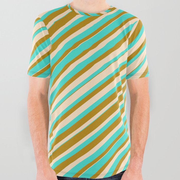 Bisque, Turquoise, and Dark Goldenrod Colored Lines Pattern All Over Graphic Tee