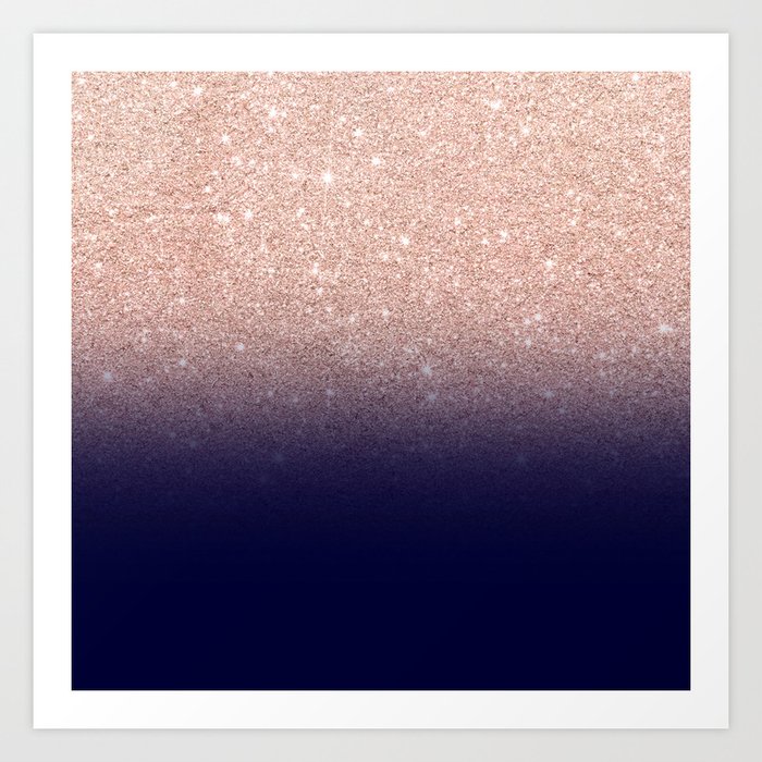 Modern Faux Rose Gold Glitter Ombre Gradient On Navy Blue Art Print By Girlytrend