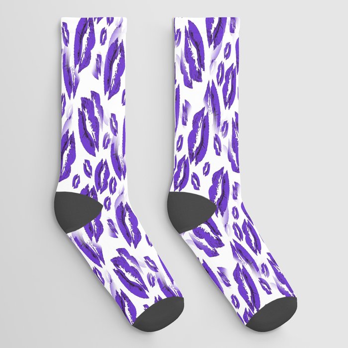 Two Kisses Collided Midnight Blue Lips Pattern On White Background Socks