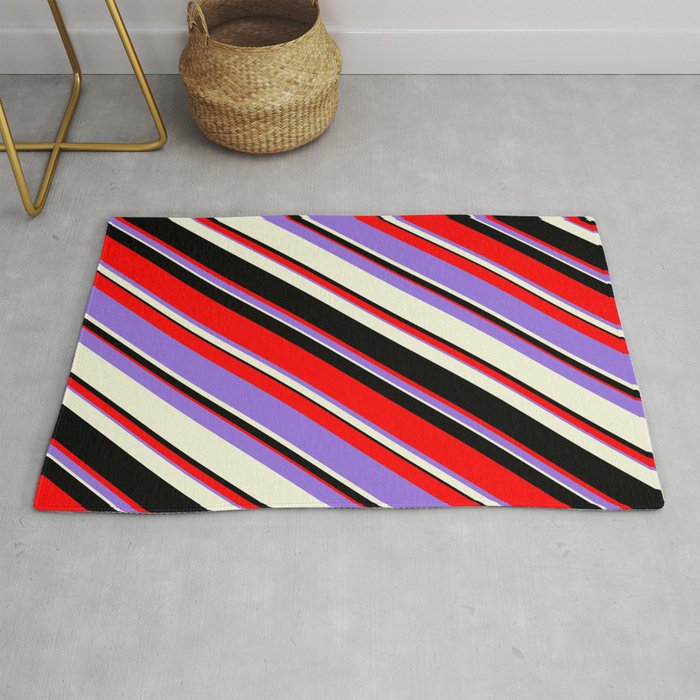 Red, Purple, Beige & Black Colored Pattern of Stripes Rug