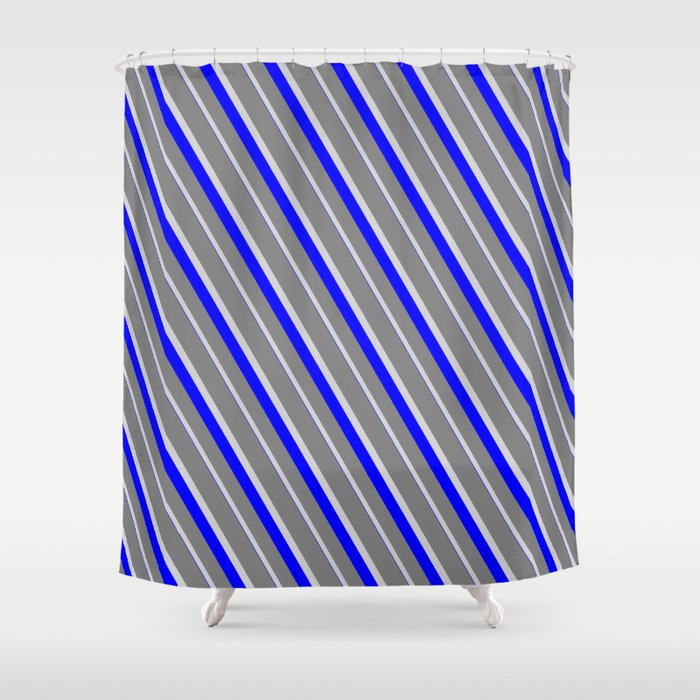 Grey, Light Grey & Blue Colored Striped/Lined Pattern Shower Curtain