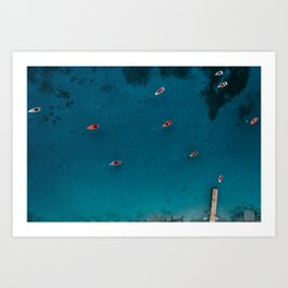  Anchored boats in the blue ocean at Playa Grandi | Drone | Colourful Travel Photography | Curaçao, Antilles Art Print
