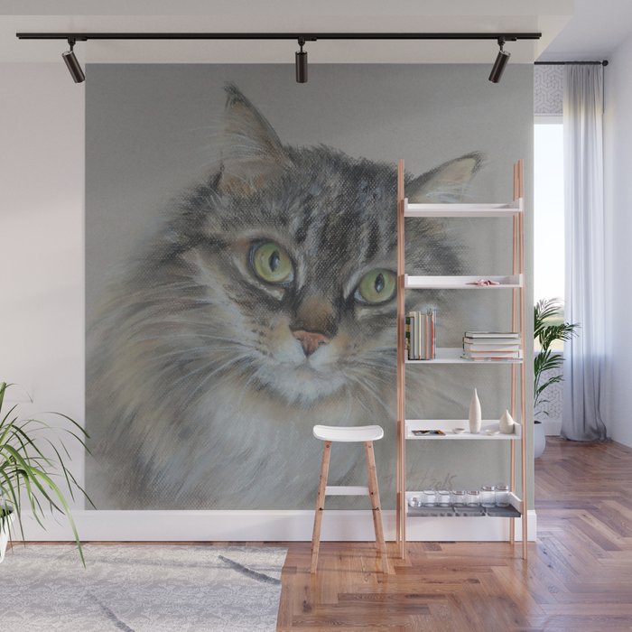 Tabby Cat Maine Coon Portrait Pastel Drawing On The Grey