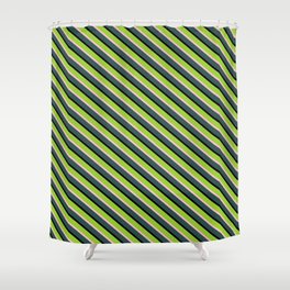 [ Thumbnail: Green, Pink, Dark Slate Gray, and Black Colored Lined Pattern Shower Curtain ]