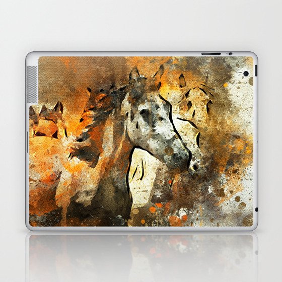 Watercolor Galloping Horses On Raw Canvas Splatter Painting