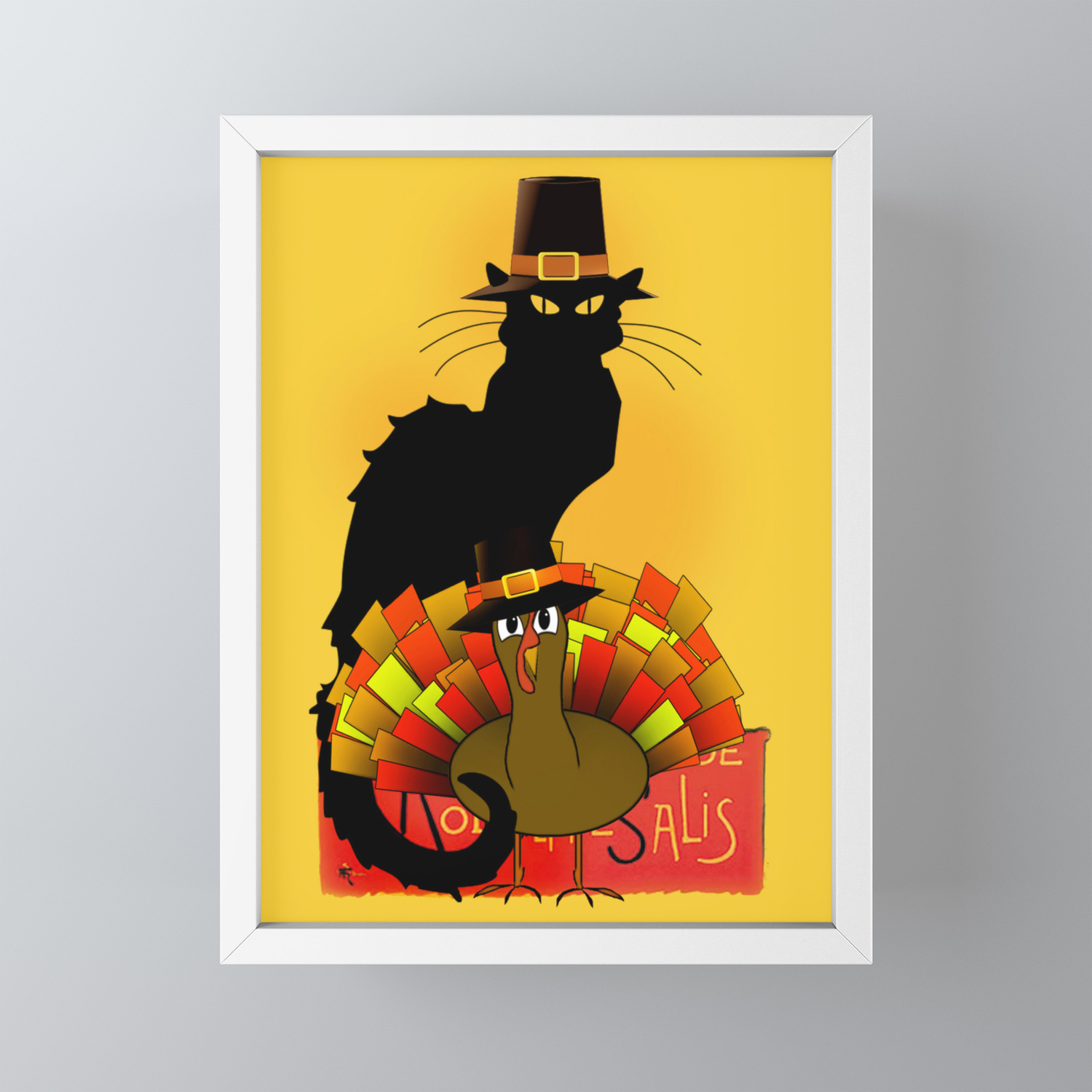 Thanksgiving Le Chat Noir With Turkey Pilgrim Framed Mini Art
