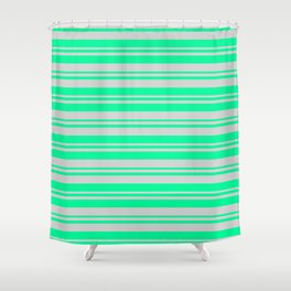 [ Thumbnail: Green and Light Gray Colored Lines/Stripes Pattern Shower Curtain ]