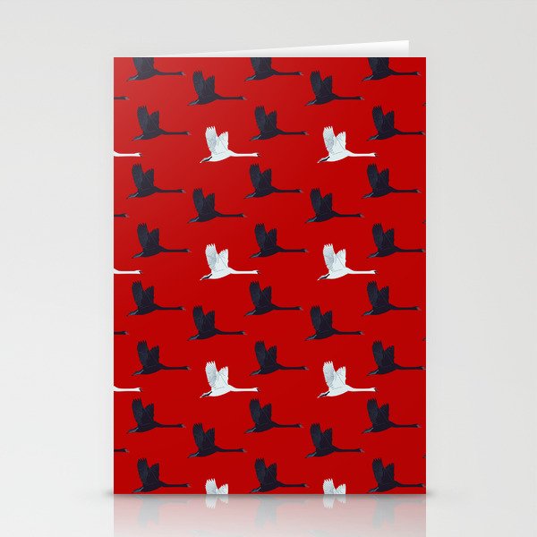 Flying Elegant Swan Pattern on Red Background Stationery Cards