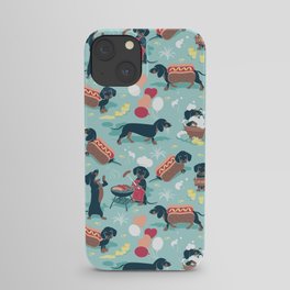Hot dogs and lemonade // aqua background navy dachshunds iPhone Case