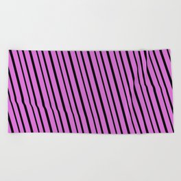 [ Thumbnail: Orchid & Black Colored Striped/Lined Pattern Beach Towel ]