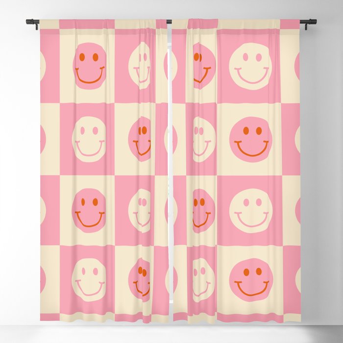 70s Retro Smiley Face Tile Pattern in Pink & Beige Blackout Curtain