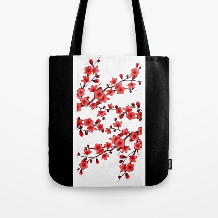 Red Black White Cherry Blossom Striped Tote Bag