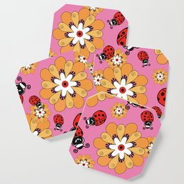 Ladybugs and Orange Flowers on Pink Coaster