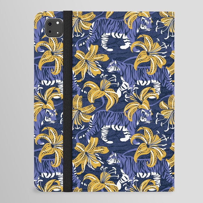 Tigers in a tiger lily garden // textured navy blue background very peri wild animals goldenrod yellow flowers iPad Folio Case