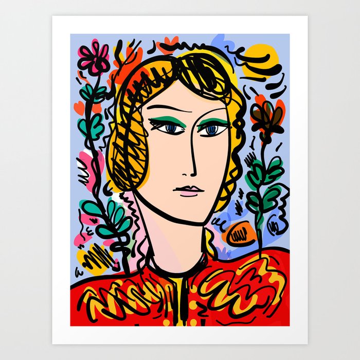 Pastel Portrait of Woman with flowers Art Print