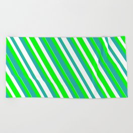 [ Thumbnail: Lime, Light Sea Green & White Colored Striped/Lined Pattern Beach Towel ]