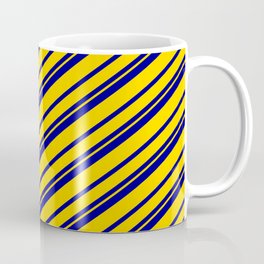 [ Thumbnail: Dark Blue and Yellow Colored Lines/Stripes Pattern Coffee Mug ]