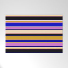 [ Thumbnail: Colorful Blue, Bisque, Goldenrod, Orchid, and Black Colored Stripes Pattern Welcome Mat ]