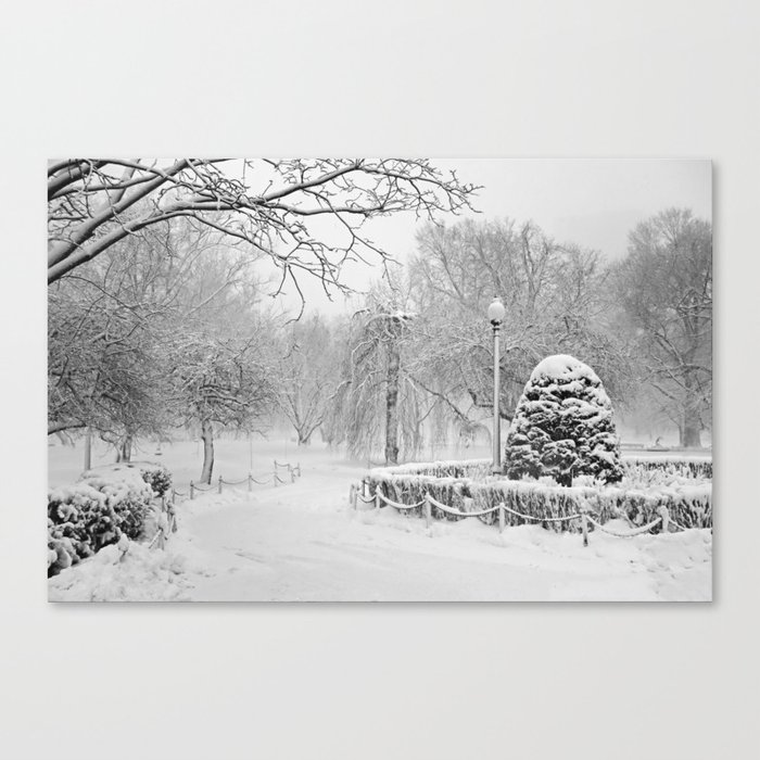 Snowstorm in the Boston Public Garden. Boston Massachusetts Black and White Canvas Print