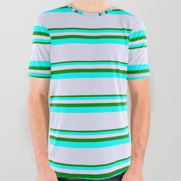 [ Thumbnail: Green, Aqua & Lavender Colored Pattern of Stripes All Over Graphic Tee ]
