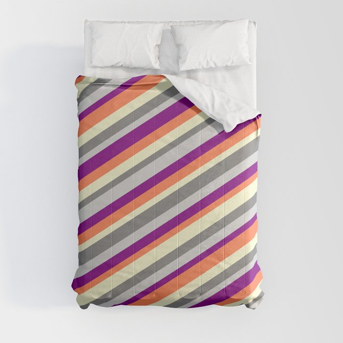 Colorful Light Yellow, Gray, Light Gray, Purple & Coral Colored Lines/Stripes Pattern Comforter