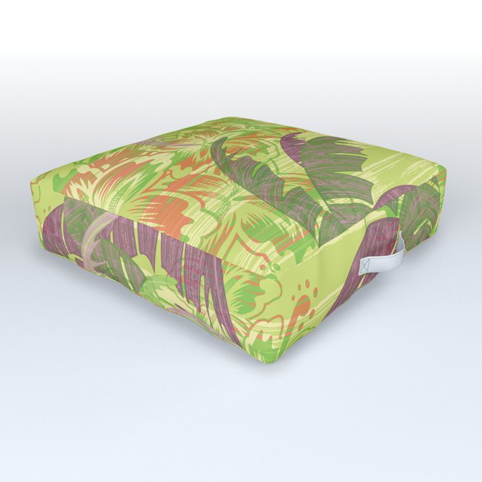 Polynesian Palm Trees And Hibiscus Green Jungle Abstract Outdoor Floor Cushion