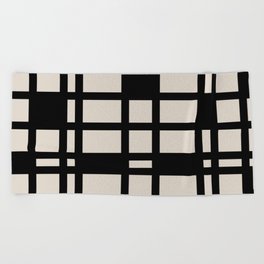 Abstract Grid Pattern 735 Black and Linen White Beach Towel