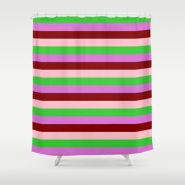 [ Thumbnail: Lime Green, Orchid, Maroon, and Pink Colored Stripes/Lines Pattern Shower Curtain ]