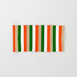 [ Thumbnail: Red, Tan, Dark Green & White Colored Striped/Lined Pattern Hand & Bath Towel ]