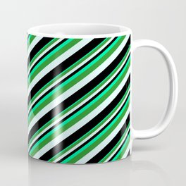 [ Thumbnail: Green, Forest Green, Light Cyan & Black Colored Lines/Stripes Pattern Coffee Mug ]