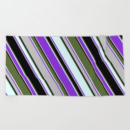 [ Thumbnail: Colorful Dark Olive Green, Light Cyan, Purple, Grey, and Black Colored Lined/Striped Pattern Beach Towel ]