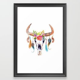 Floral and Feathers Adorned Bull Skull Framed Art Print