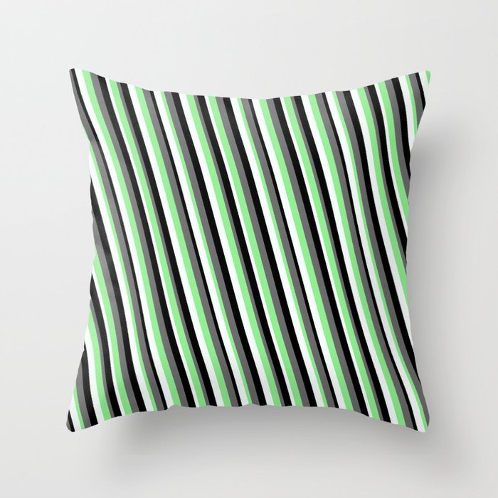 Dim Gray, Light Green, Mint Cream & Black Colored Stripes Pattern Throw Pillow
