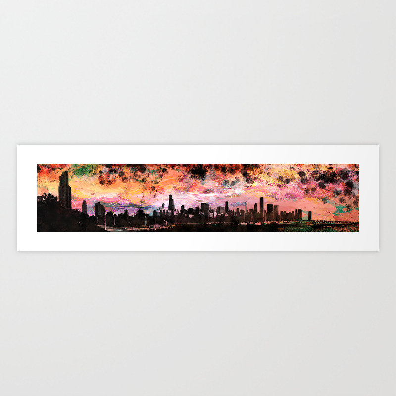 The Chicago Skyline Rendered In A Watercolor Abstract In Sunset