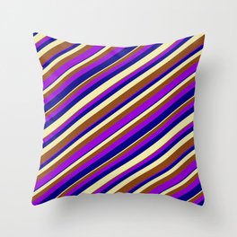 [ Thumbnail: Pale Goldenrod, Brown, Dark Violet & Blue Colored Lined Pattern Throw Pillow ]