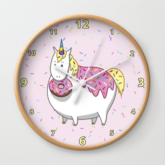 Cute Fat Unicorn Eating Pink Frosting Sprinkles Donut Wall Clock