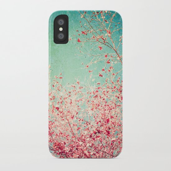 Blue Autumn, Pink leafs on blue, turquoise, green, aqua sky iPhone Case