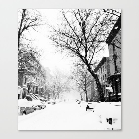 New York City At Snow Time Black and White Canvas Print