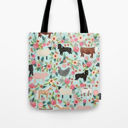 Farm animal sanctuary pig chicken cows horses sheep floral pattern gifts Tote Bag