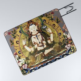 Chenrezig Avalokitesvara Bodhisattva Tibetan Buddhist Gray Picnic Blanket