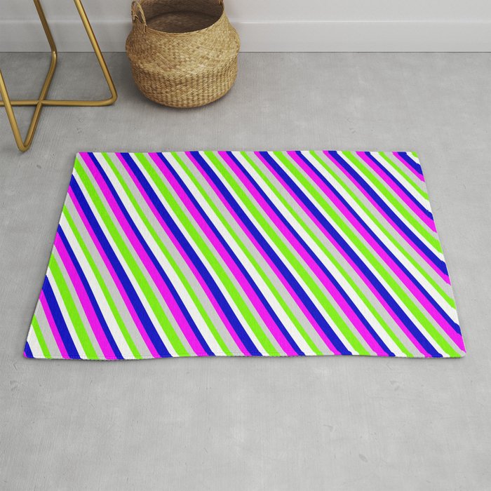 Eyecatching Blue, Fuchsia, Light Gray, Green, and White Colored Lined Pattern Rug
