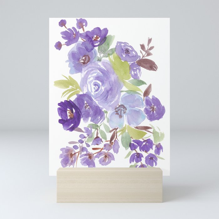 Modern pretty bohemian Purple floral roses greenery watercolor Mini Art Print