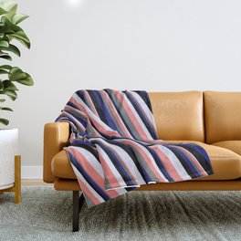 [ Thumbnail: Eye-catching Lavender, Light Coral, Dim Gray, Midnight Blue & Black Colored Striped/Lined Pattern Throw Blanket ]