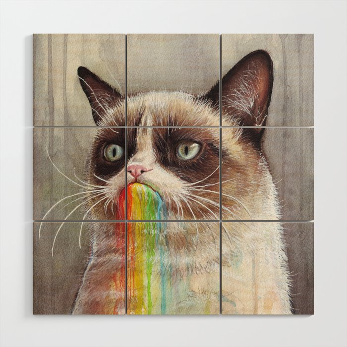 Cat Tastes the Grumpy Rainbow Wood Wall Art