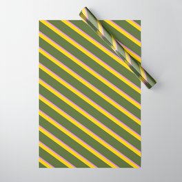 [ Thumbnail: Yellow, Dark Olive Green & Violet Colored Striped/Lined Pattern Wrapping Paper ]