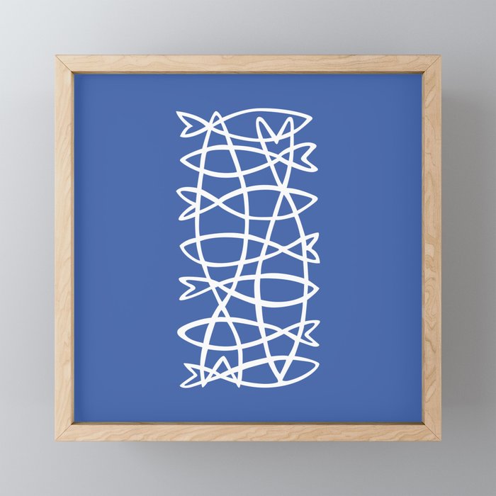 Stylized Fish in White and Denim Blue Framed Mini Art Print