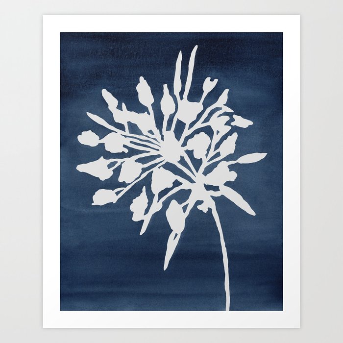Silhouette Stems III - Navy Blue Botanical, White Flower Stem, Indigo Watercolor, Nature Painting Art Print Wall Décor  Art Print