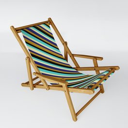 [ Thumbnail: Vibrant Dark Goldenrod, Black, Turquoise, Pale Goldenrod & Midnight Blue Colored Stripes Pattern Sling Chair ]