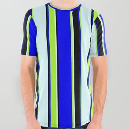 [ Thumbnail: Blue, Light Green, Light Cyan & Black Colored Striped/Lined Pattern All Over Graphic Tee ]